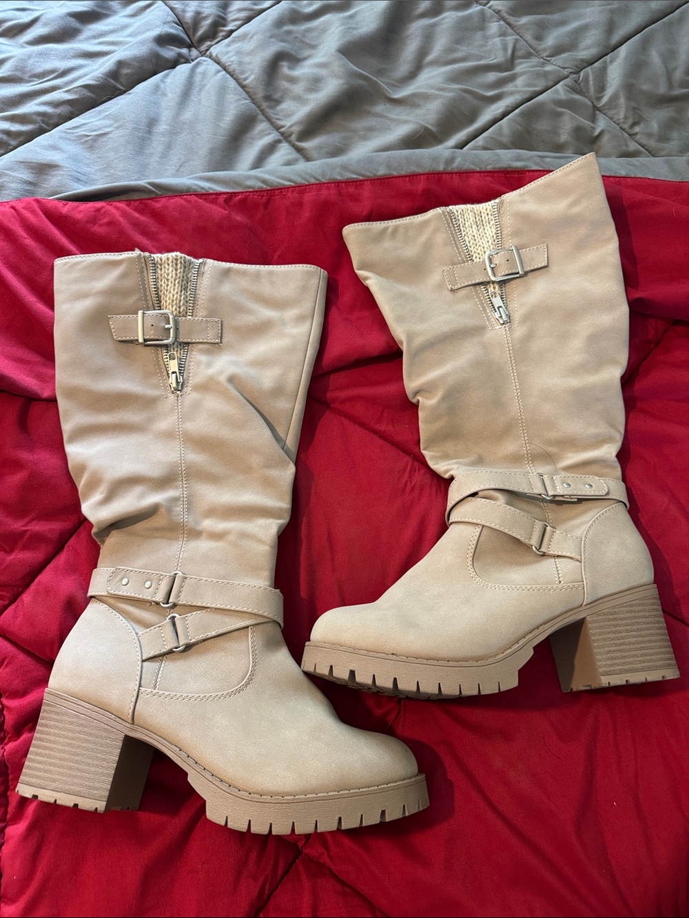 Maurices Tan Block Heel Wide Mid-Calf Boots with Buckle Detail